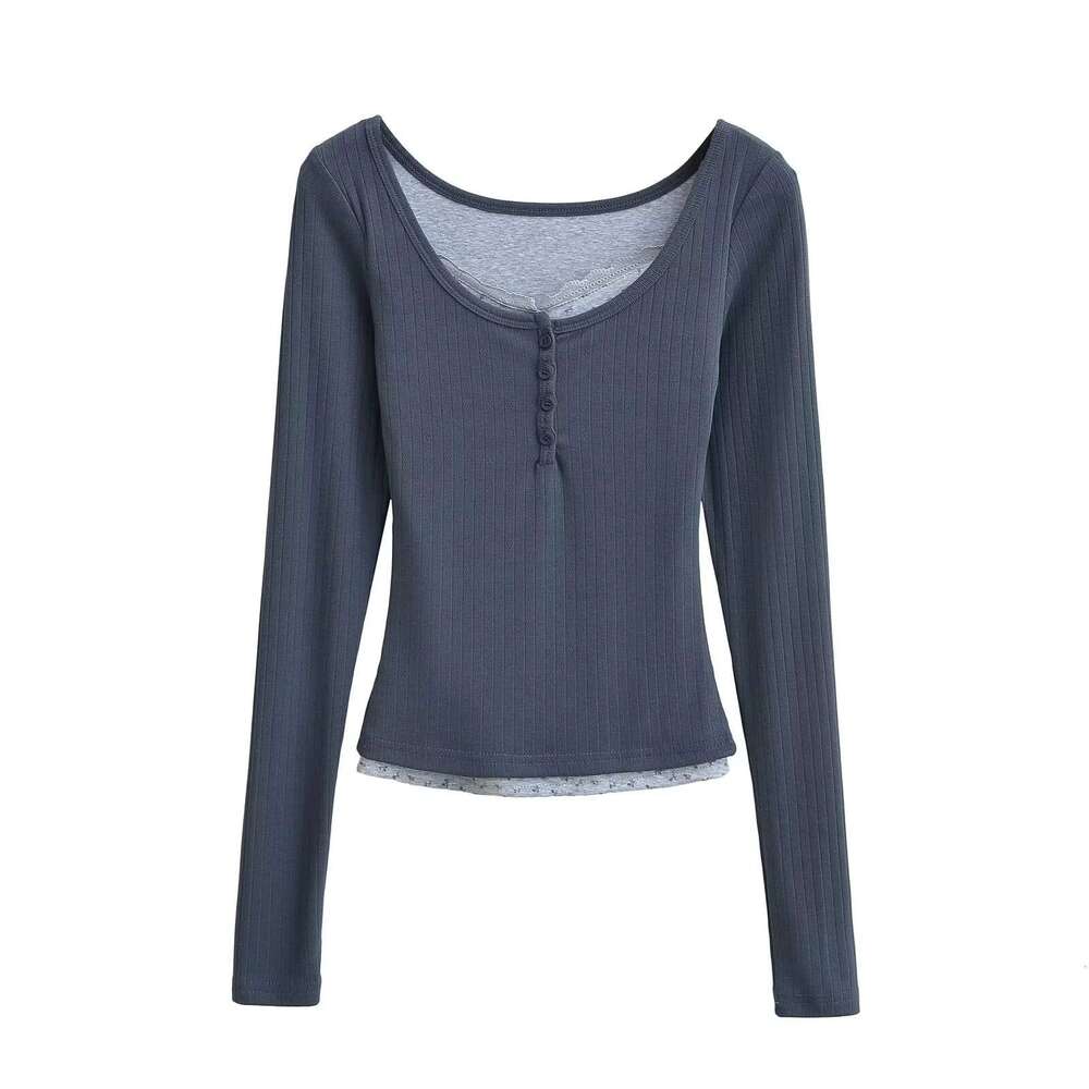 Fake Two-Piece Long Sleeve T-Shirt For Women Autumn Hot Girl Pure Desire Slim Lace Design Base Shirt Inner Wear Top B5