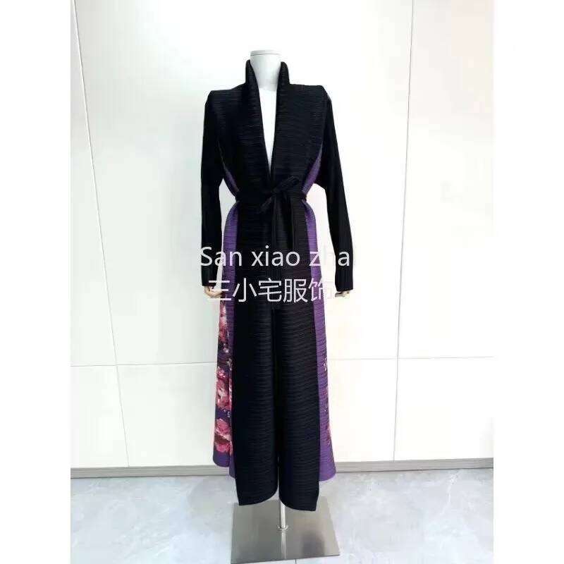 New Women's Long Trench Coat Abaya Shat Original Designer Printed Patchwork Folded Dress Robe 2024 Autumn