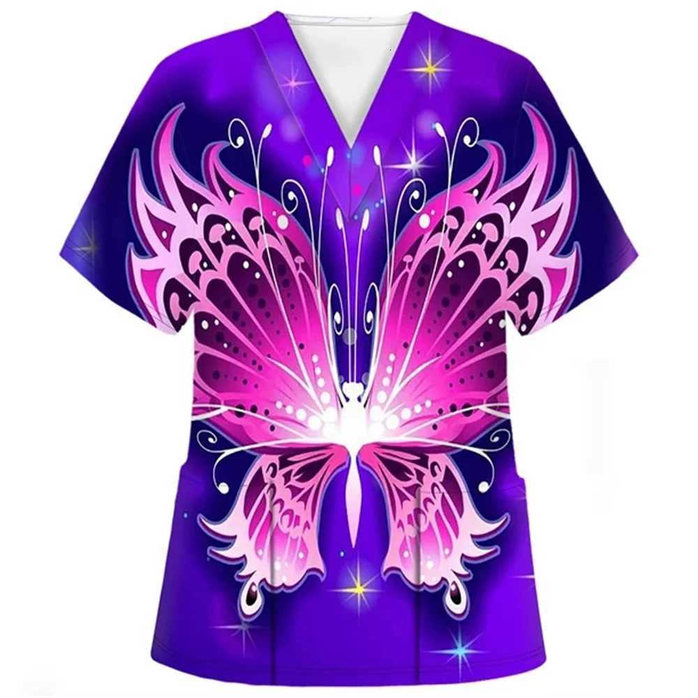 Medical Clothes Elegant Butterfly Print V-Neck Surgical Uniform Woman Short Sleeve Color Patch Pocket Top Clinical Uniform Woman Z250718