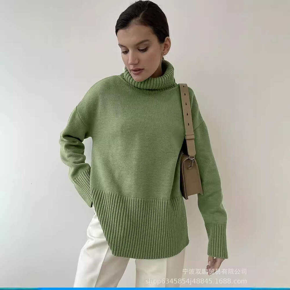 New Style Split Knitted Pullover Solid Color High Neck Loose Autumn Winter Women's Sweater B5