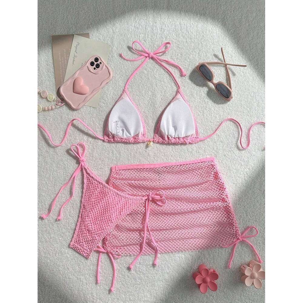 2025 new printed neck halter women's suspender sexy bikini split-band hot spring swimsuit