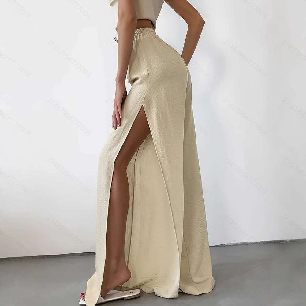 New Style Apricot Wide-Leg Side Slit Design Women's Casual Pants B5