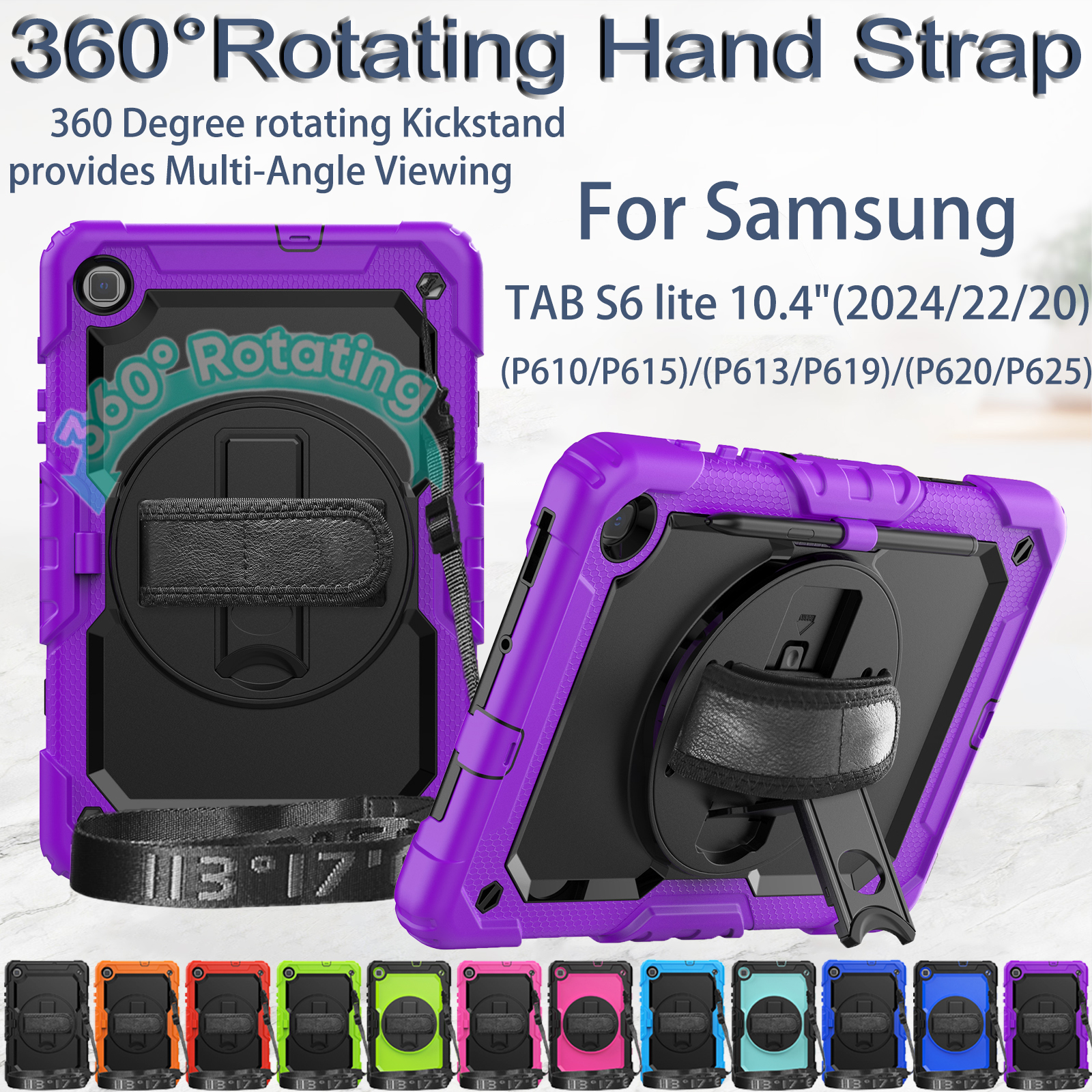 For Samsung Galaxy Tab S6 Lite 10.4 inch Case 360 Rotation Hand Strap Stand Armor Cover Durable Rugged Shockproof kids Safe Tablet Cases + Screen Prot
