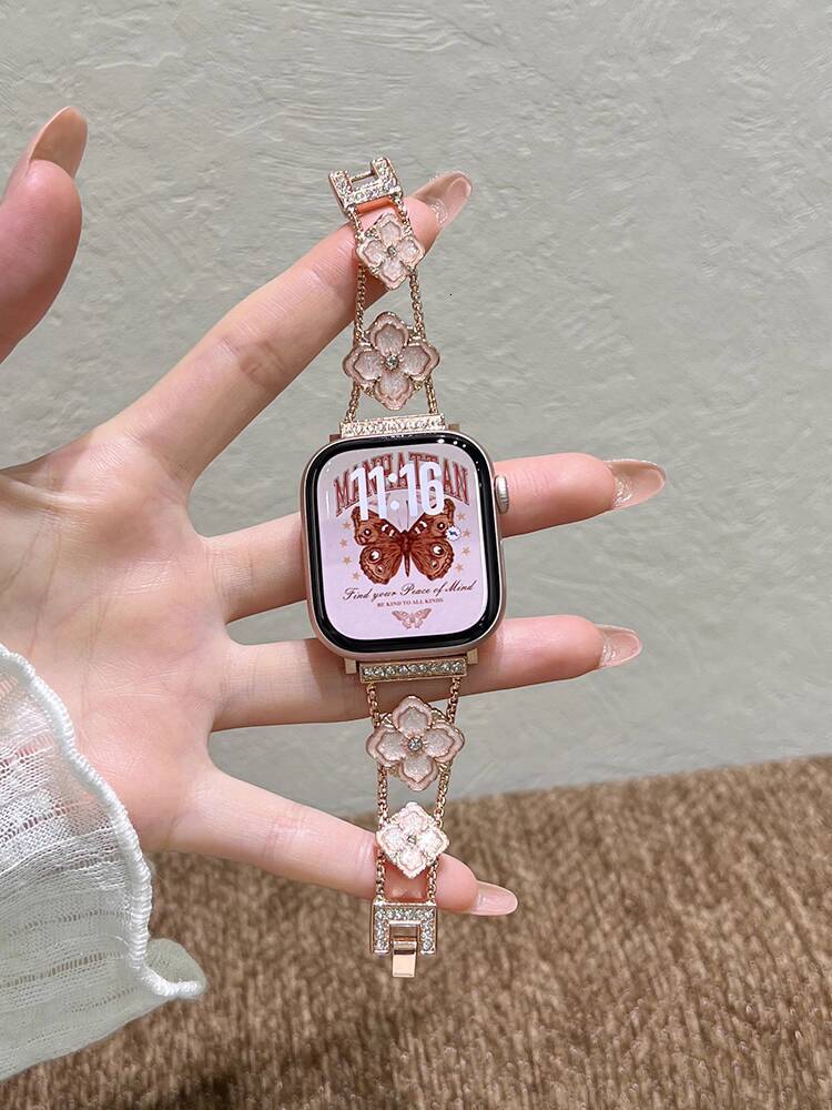 Xuanbei Creative Epoxy Clover Chain Strap for S10, Summer High-end Diamond-studded Apple Watch Series 9 Metal Bracelet, iWatch 8/7 Chanel Style Bracel