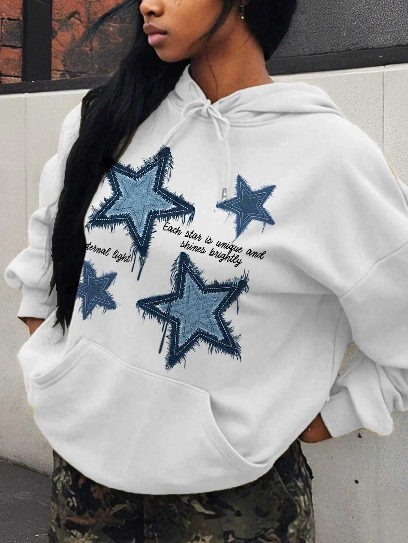 Retro Blue Star Printed Women Hoodie Casual Multicolor Hoodie Vintage Loose Y2K Hoodies Comfortable Face Women Clothing XJ250717