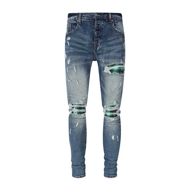 Street fashion boutique mens retro blue ripped patch jeans elastic tight jeans designer hip-hop brand high-quality pants for men X2507181