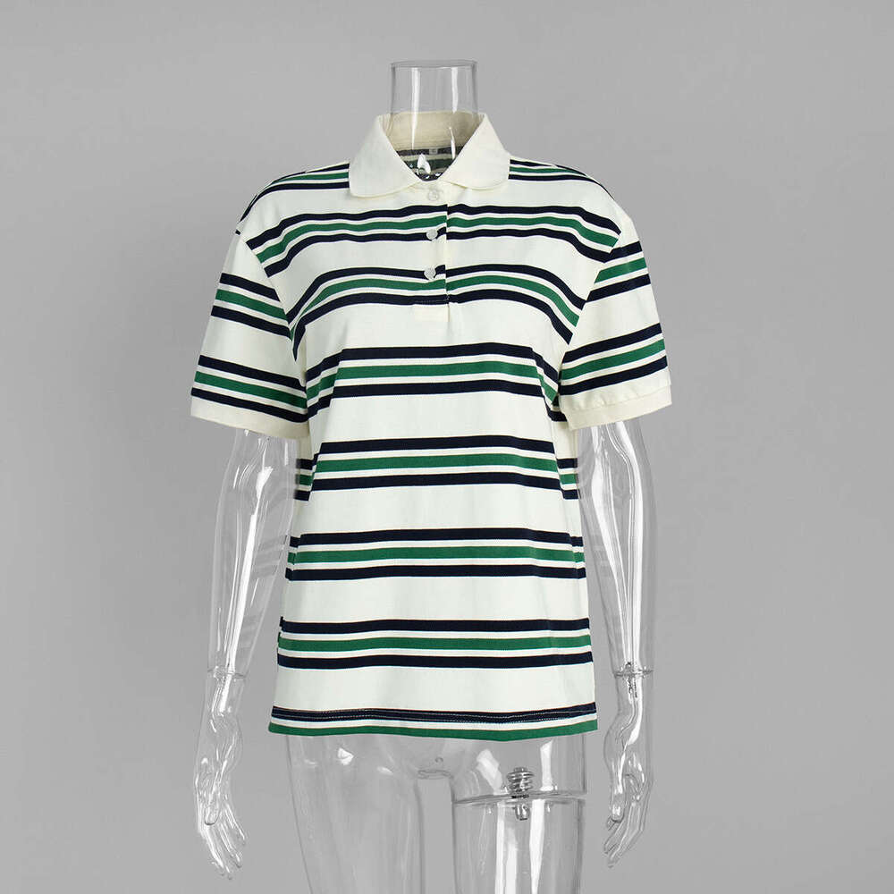 Striped T-Shirt Summer New Color Block Polo Shirt Loose Casual Short Sleeve Women B5
