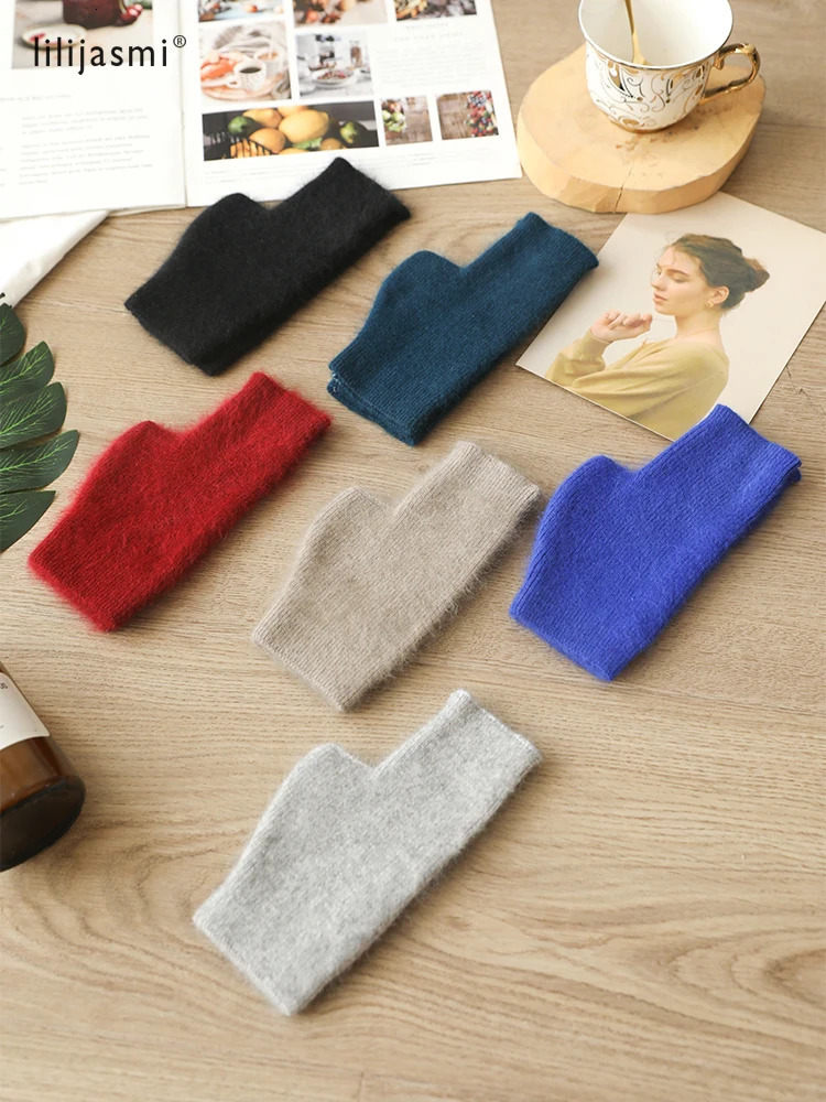 Mink Cashmere Autumn Winter Women Gloves Fingerless Warm Racoon Wool Mittens Wrist Length Thumb Hole Mitts Korean Female Lovely 250715