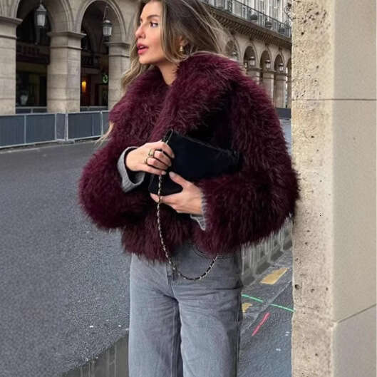 TRAFZA Women's Fashion Autumn Winter New Red Fashionable Versatile Eco-Friendly Faux Fur Short Coat B5