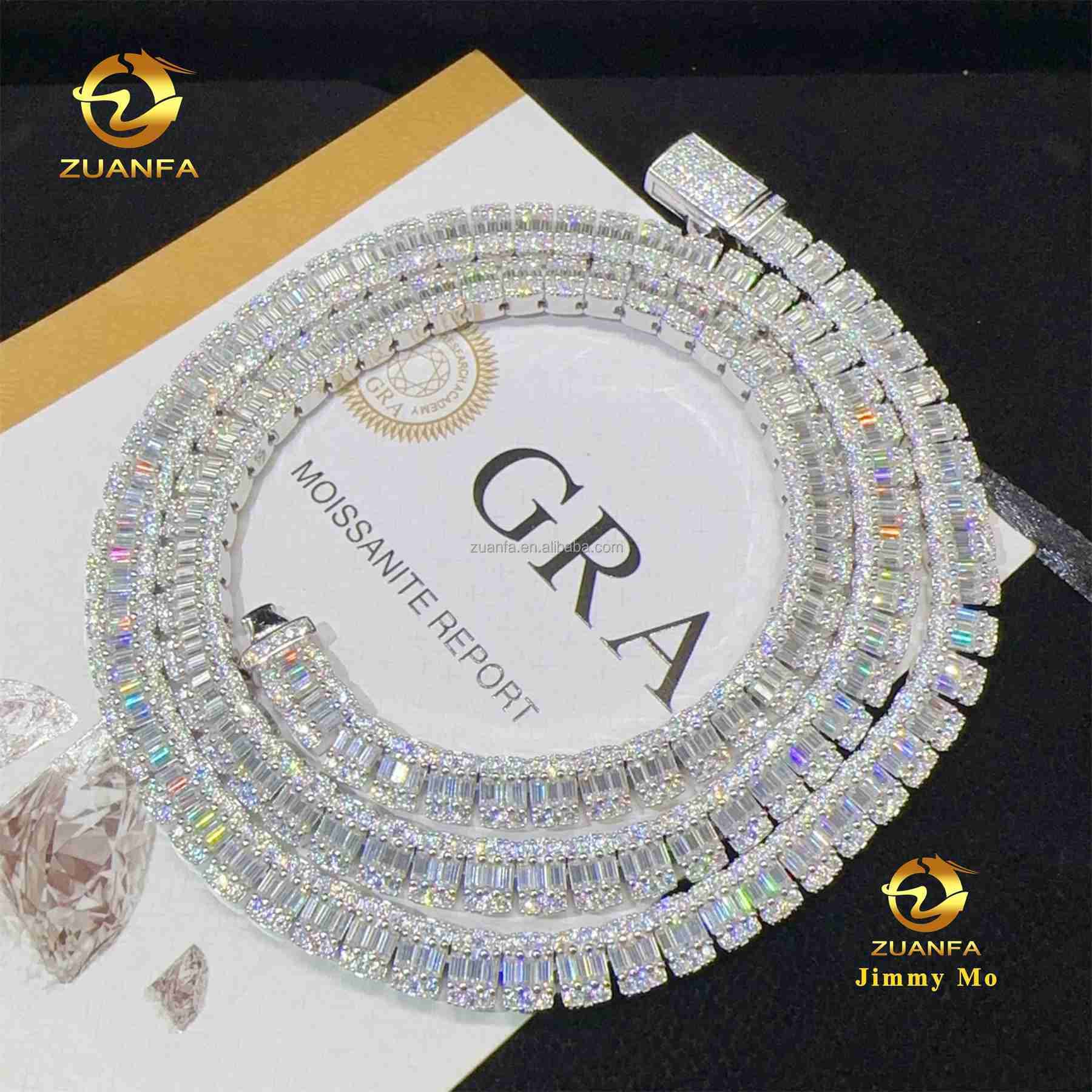New Design Hip Hop Style Jewelry Iced Out 925 Solid Silver Rhodium Plated 8mm Baguette Moissanite Diamond Cluster Tennis Chain