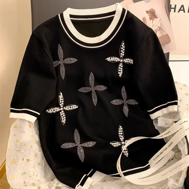 Ice Silk O-neck Beaded T-shirts Fashion Sweet Knitted Short Sleeve Tee Shirt Summer Loose Black Tops Women 250718