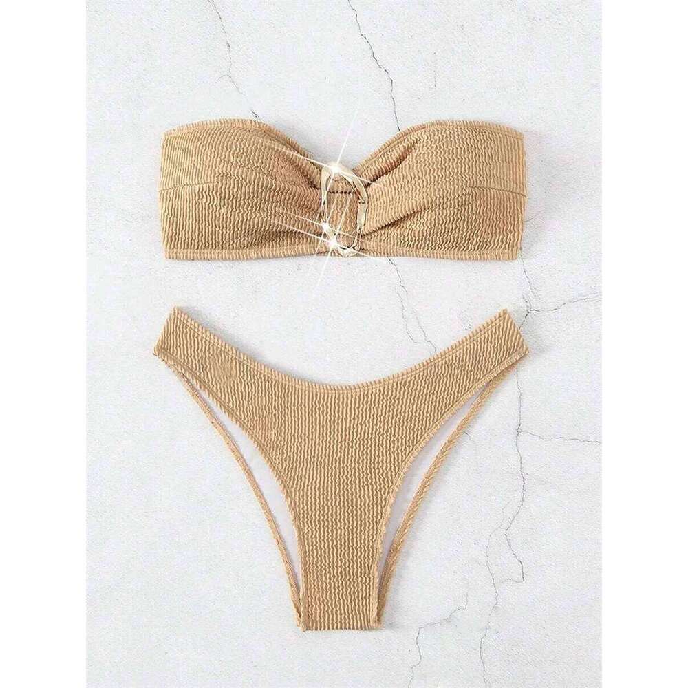 Sexy Bandeau Bikini Set Women Brown Metal Bow Ornaments Push Up Micro Swimwear 2025 Brazilian Summer Beach Bathing Suit Swimsuit
