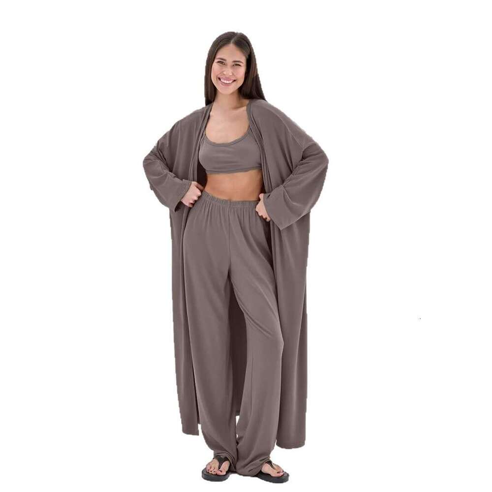 Lazy Style Loose Cardigan Short Skirt For Women With Camisole And Long Pants Three-Piece Set B5