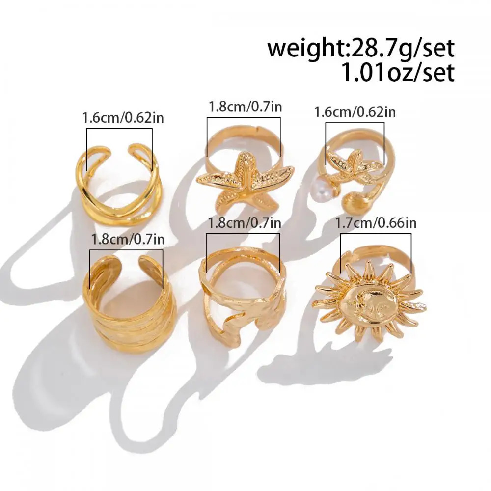 6PcsSet Vintage Sun Starfish Open Rings for Women Men Punk Irregular Pleated Pearl Ring Summer Holiday Personalized Jewelry 250716
