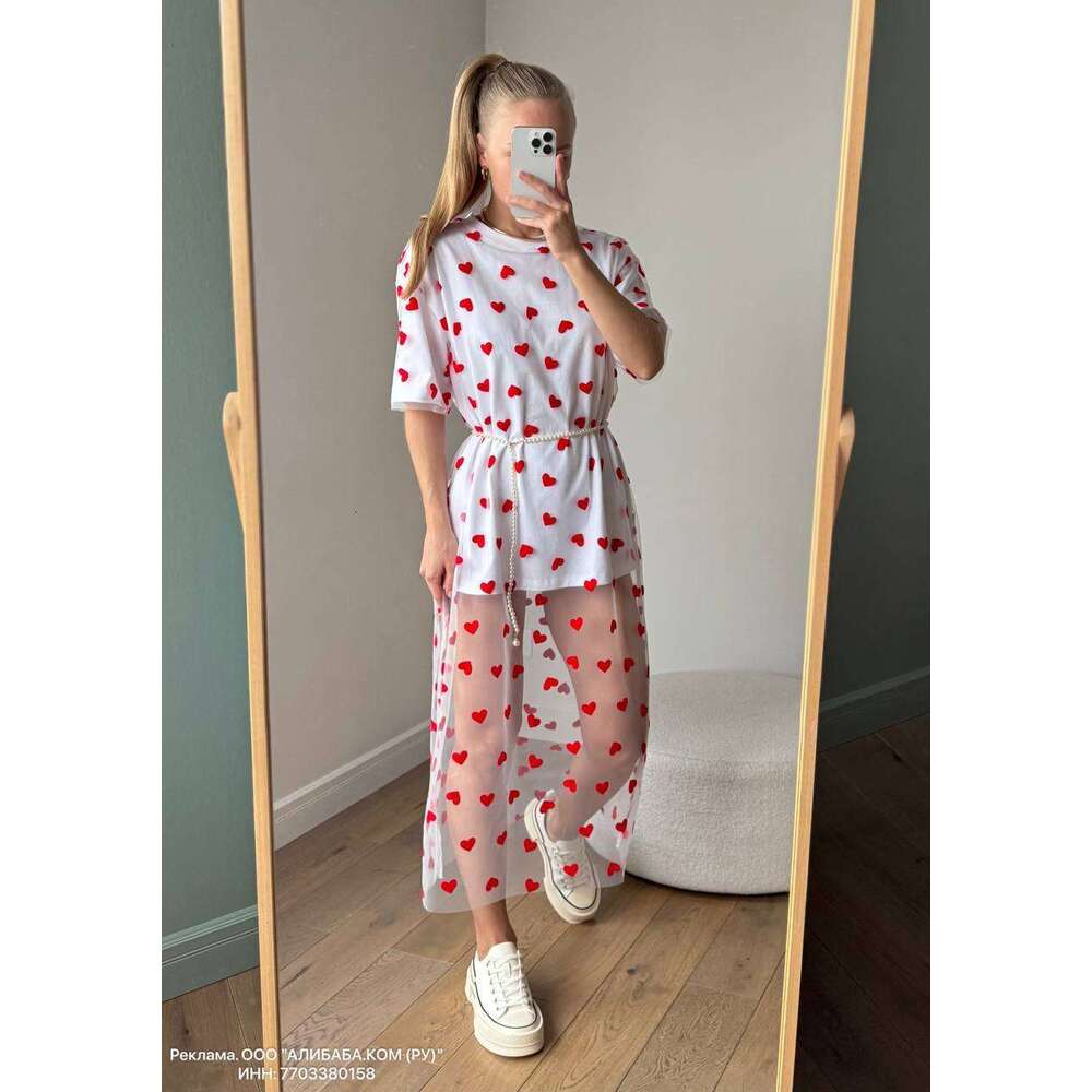 New Style Sexy Women's Long Heart Mesh Patchwork Loose Short Sleeve T-Shirt Dress B5