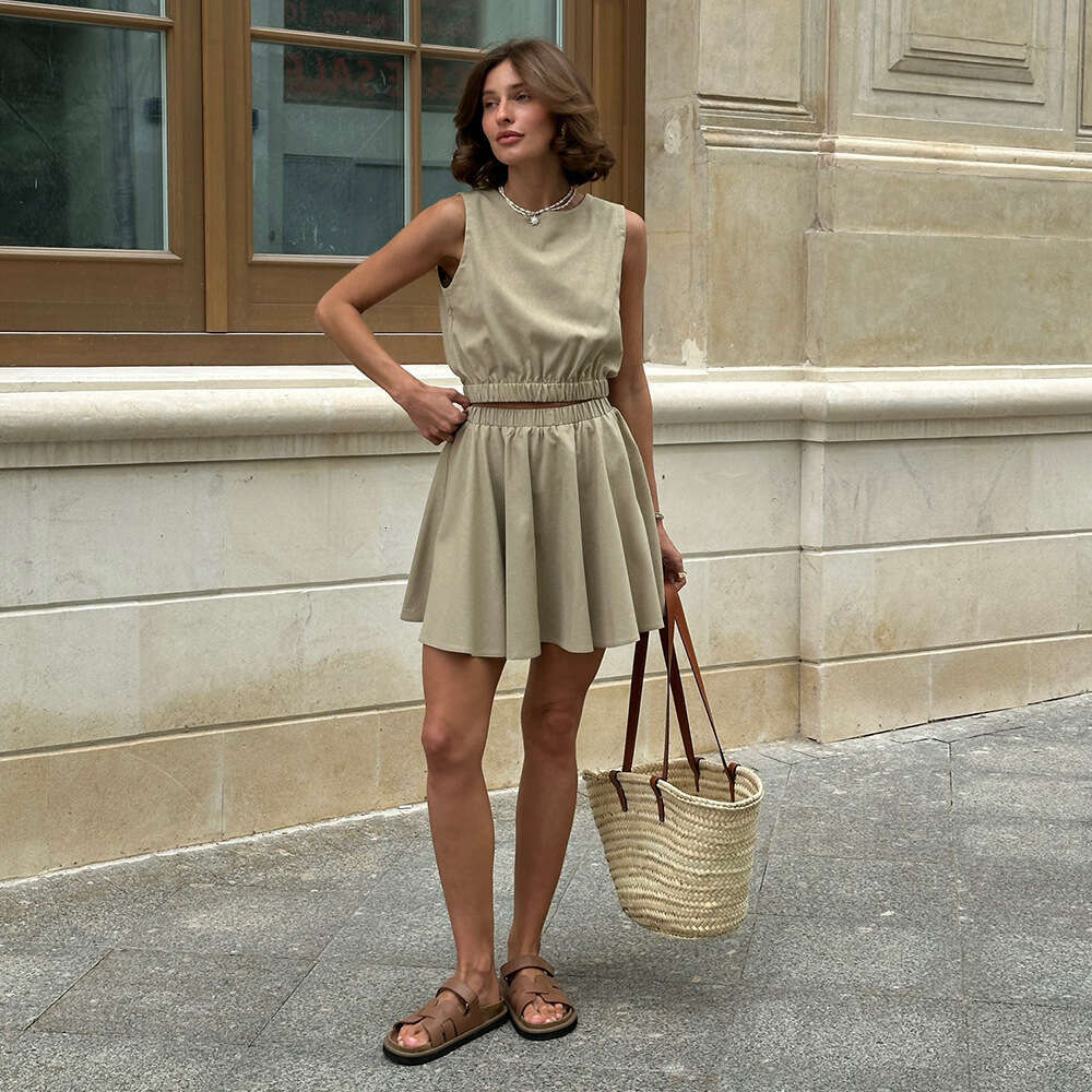 Round Neck Vest Pleated Spring Summer New Cotton Linen Comfortable Short Skirt Casual Set For Women B5