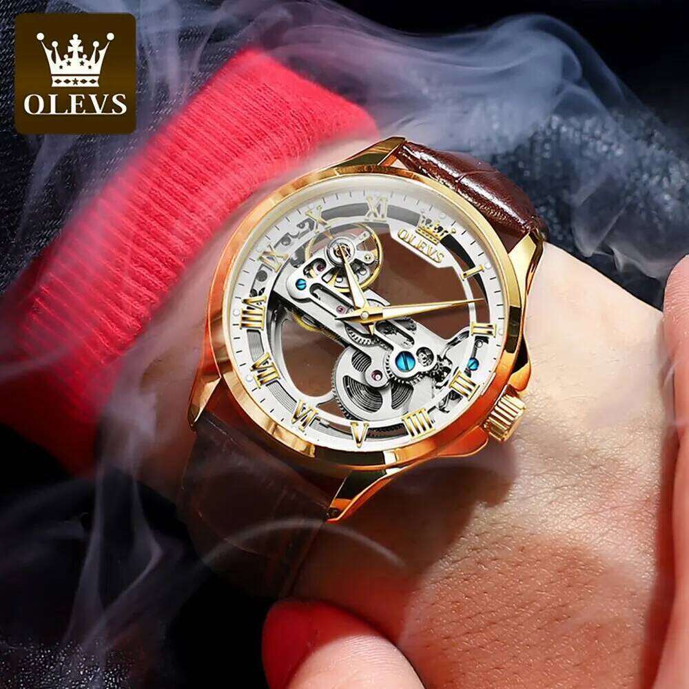 OLEVS Men Watches Automatic Mechanical Wristwatch Skeleton Design Waterproof Leather Strap Male Watch Reloj Hombre free shipping