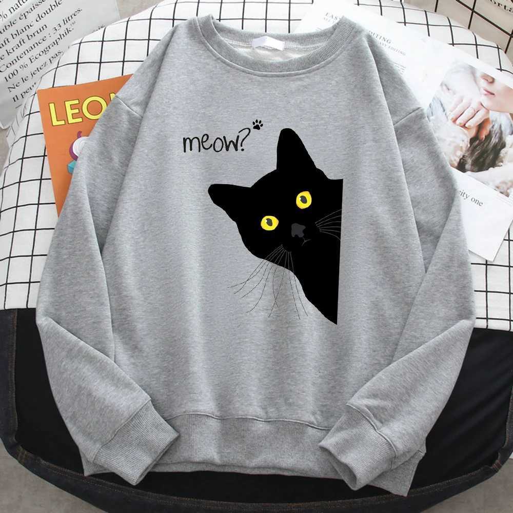 Winter Harajuku Woman Sweatshirt Meow Black Cat Printing Hoodies Comfortable All-Math Pullover Crewneck Loose Fe Clothes XJ250717