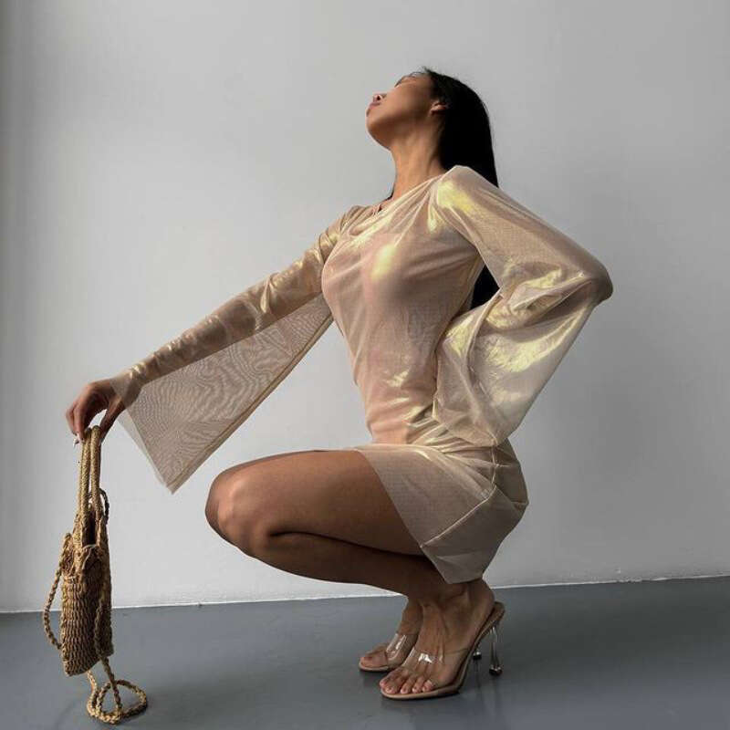 Autumn New Style Mesh Gold Stamping Fashionable Elegant Sheer Flared Long Sleeve Sexy Dress B5 g5