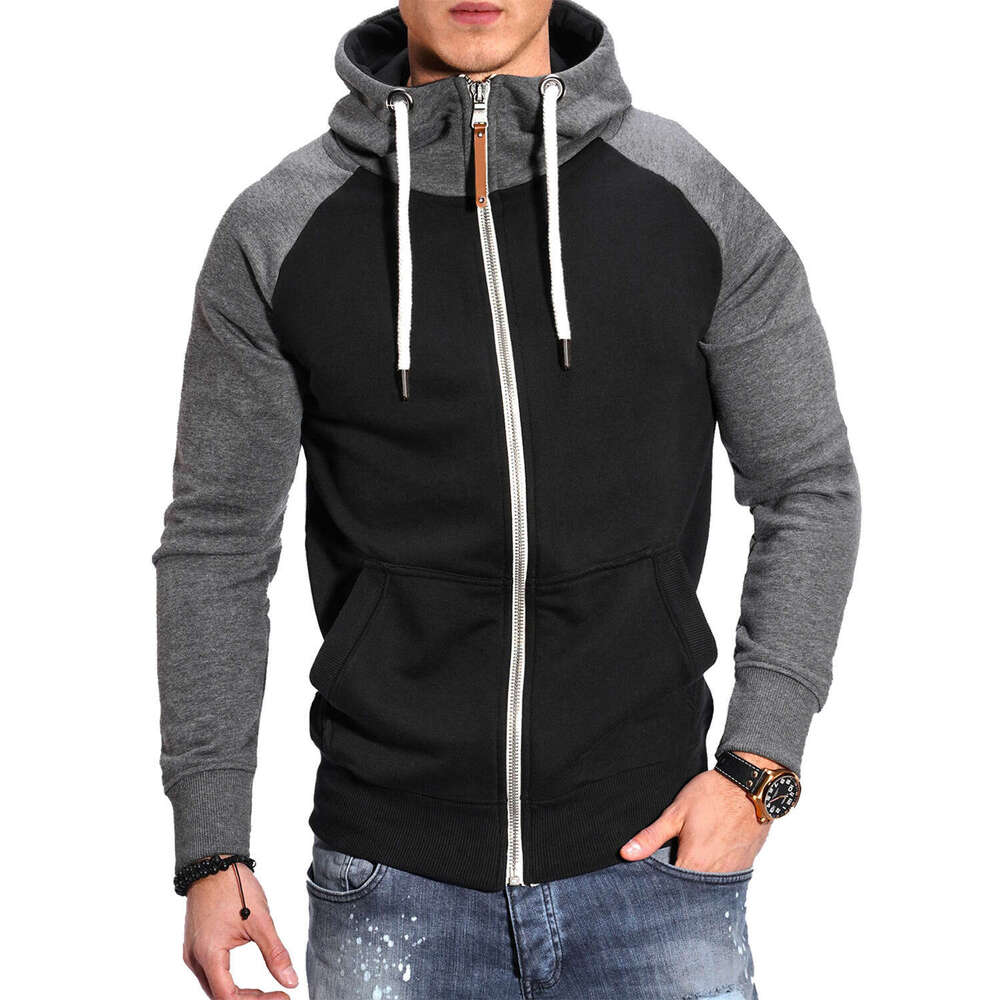 European Size Men's Color Block Hooded Sweatshirt Casual Fashion Contrast Raglan Sleeve Sports Cardigan Jacket Top B5