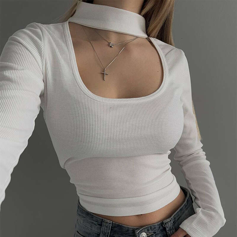 New Design Black And White Hollow Out U-Neck Low-Cut Long Sleeve T-Shirt Slim Fit Stretch Top Women's Clothing B5