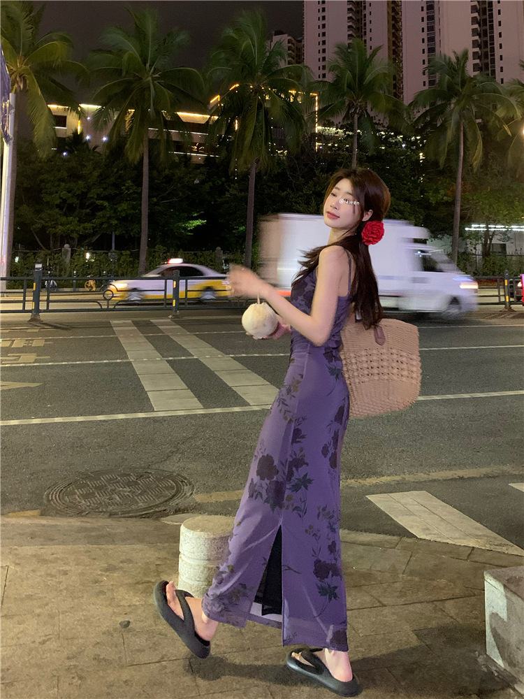 X2130 suspender floral dress women's summer 2024 new style high-end temperament waist long skirt