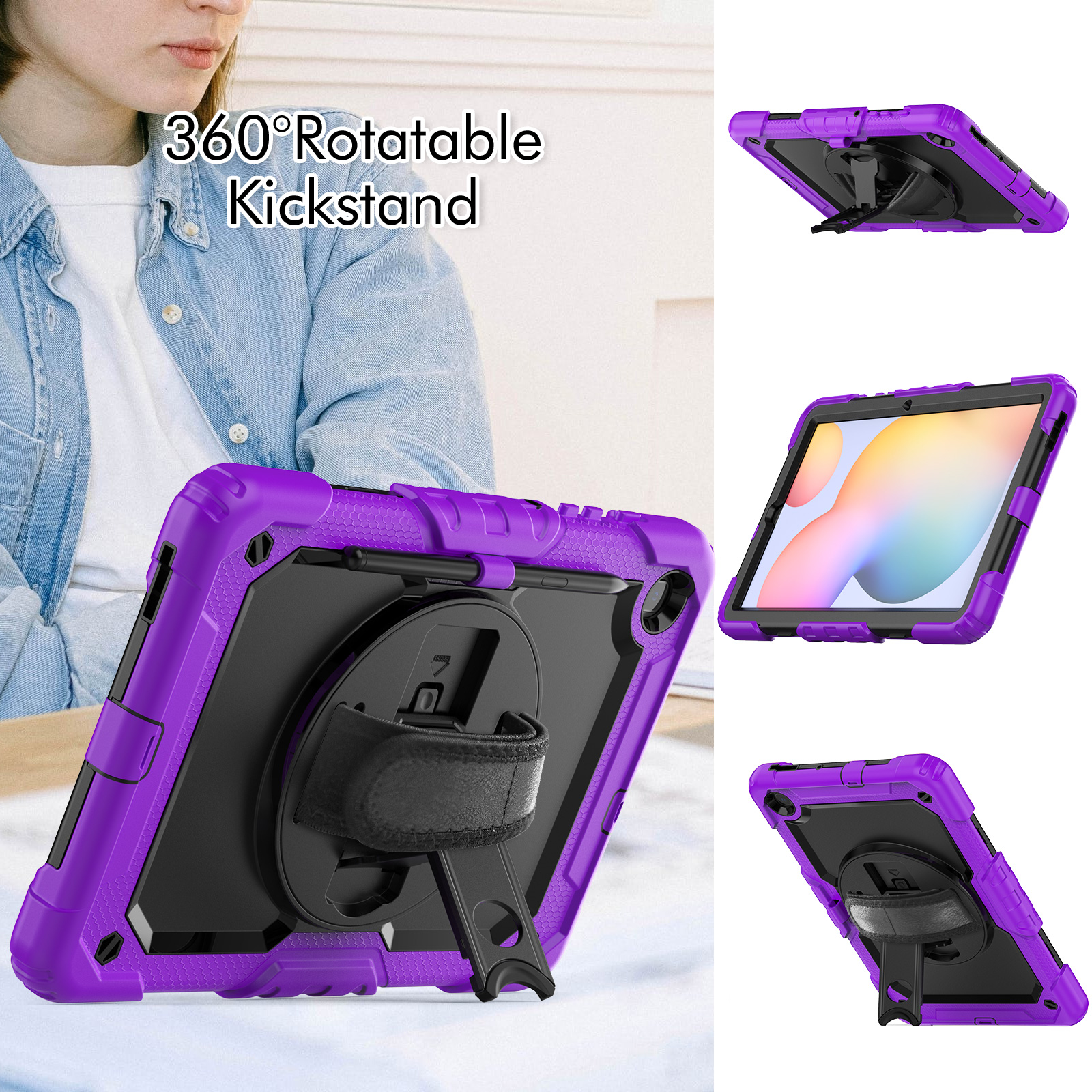 For Samsung Galaxy Tab S6 Lite 10.4 inch Case 360 Rotation Hand Strap Stand Armor Cover Durable Rugged Shockproof kids Safe Tablet Cases + Screen Prot