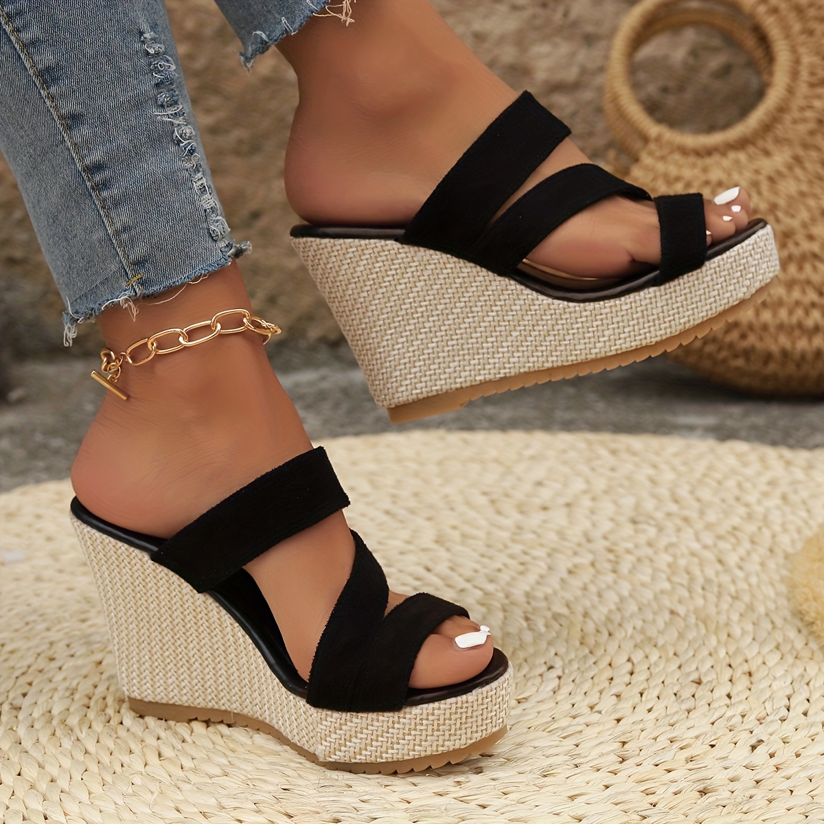 New linen fashion slope heel thick bottom one foot stirrup sandals