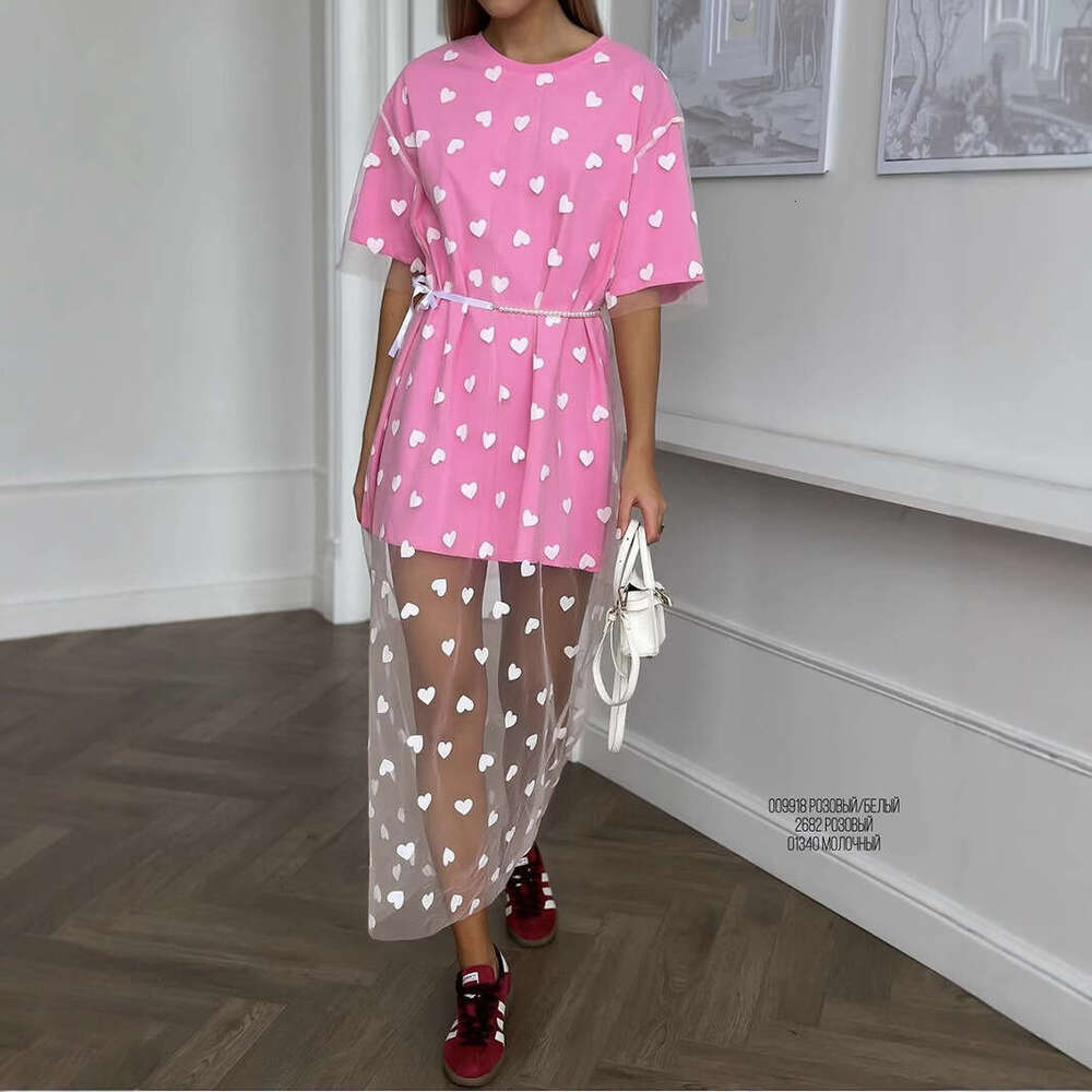 New Style Sexy Women's Long Heart Mesh Patchwork Loose Short Sleeve T-Shirt Dress B5