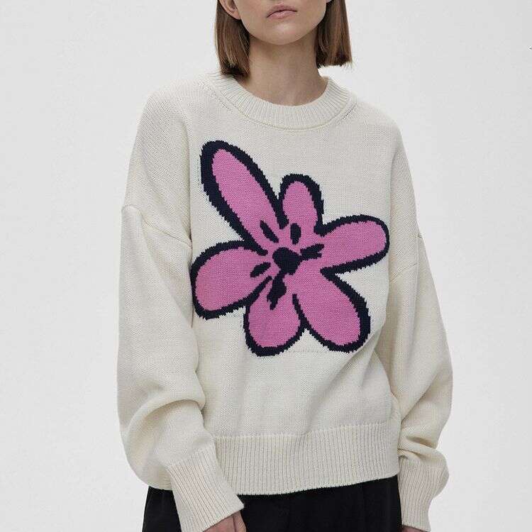 Lazy Floral Patchwork Color-Block Sweater For Women, Ins Style Loose Knitted Pullover, Round Neck Top B5