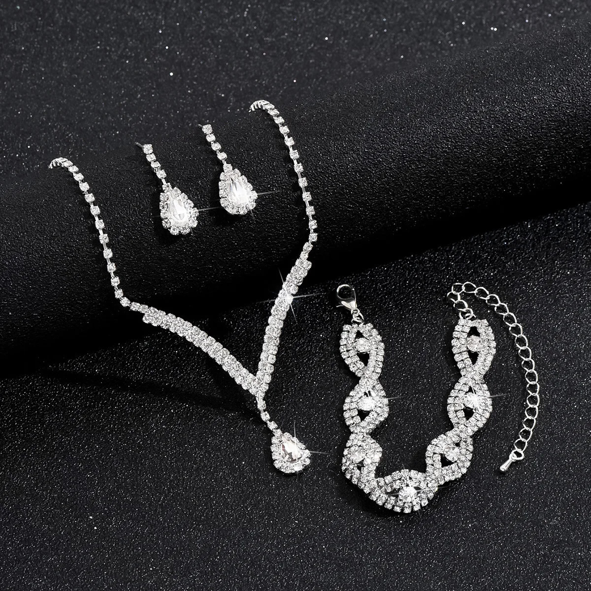 3 Pcs Rhinestone Bride Jewelry Set for Women Black Water Drop Crystal Earrings Wedding V Necklace Eye Bracelet Fashion- 250715