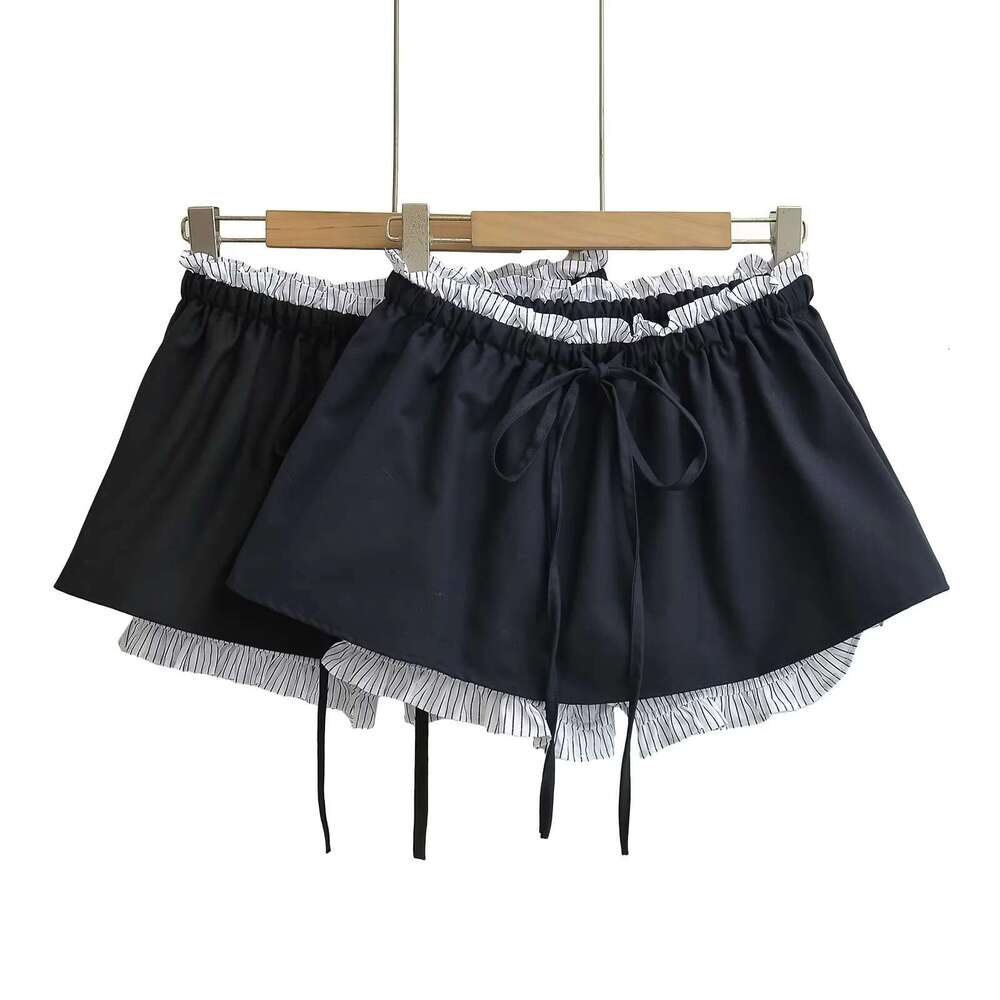 Spicy Girl Color Block Fake Two-Piece Half Women Summer High Waist Slimming A-Line Fresh Style Ruffled Bow Short Skirt B5