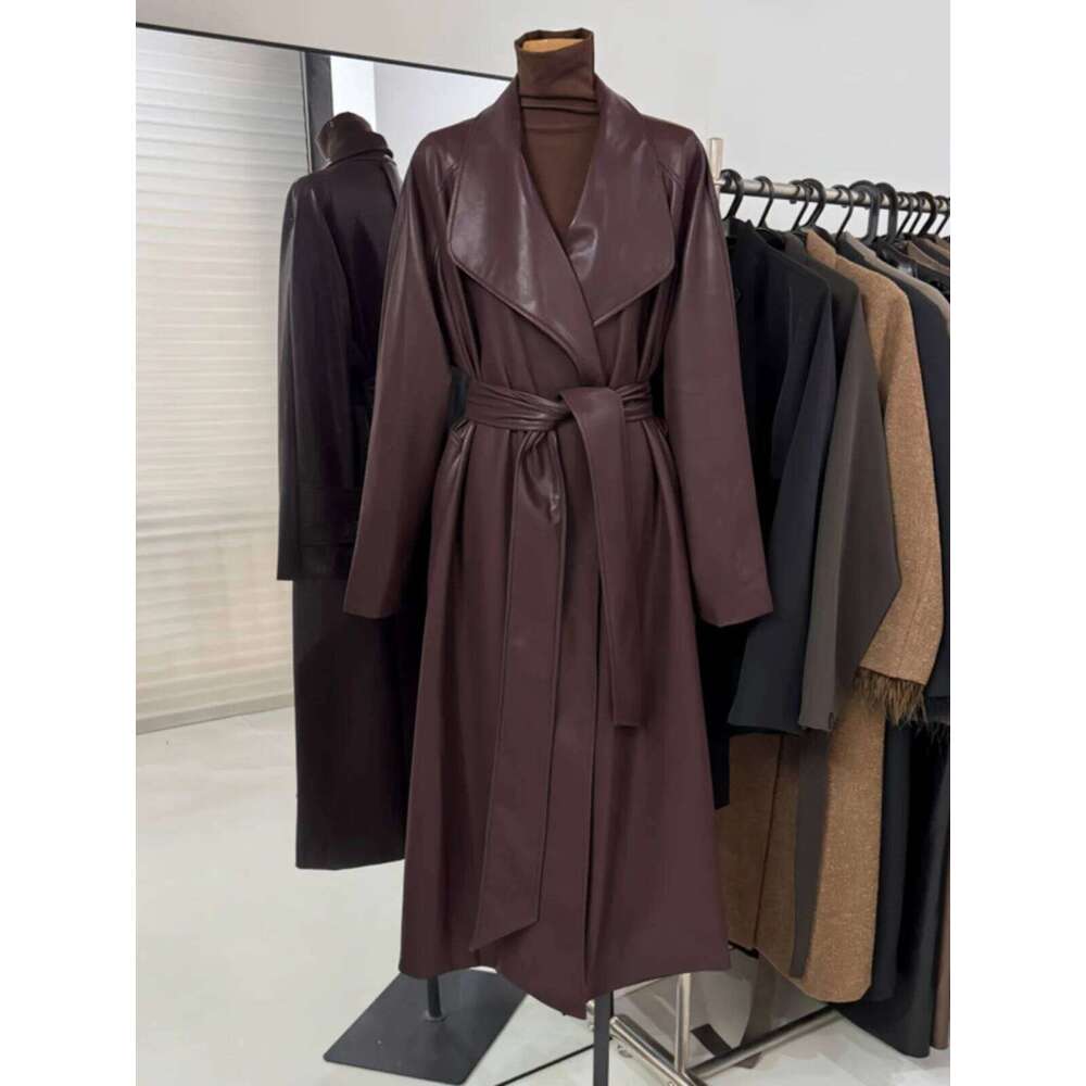 Autumn New French Style High End Suit Collar Over Knee Leather Trench Women Clothing Waist Lace Up Long Coat Winter Clothes
