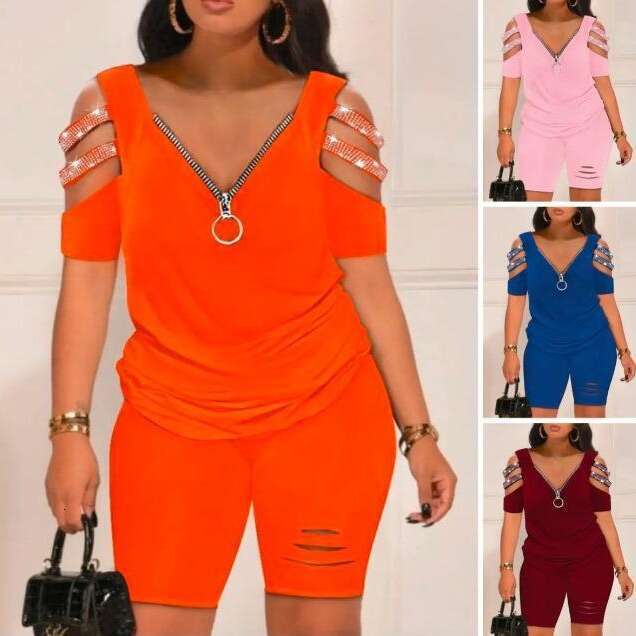 Women's Fashion Casual Printed V-Neck Zipper Short Sleeve Top And Shorts Two-Piece Set B5