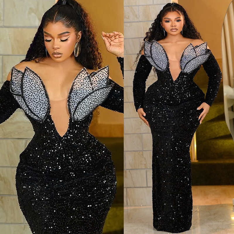 2025 Plus Size Black Aso Ebi Prom Dress Mermaid Prom Dresess Evening Formal Gowns Off Shoulder Bead Sequin Lace Birthday Second Reception Gown For Bla
