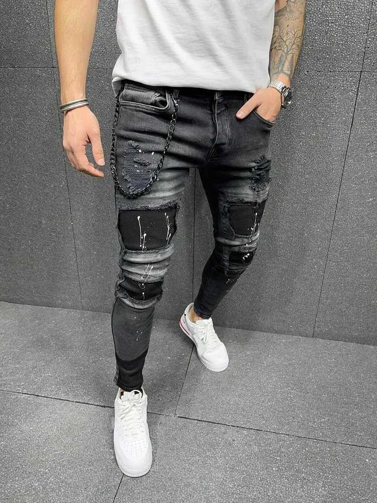 90% Cotton Men Retro Wash Distressed Stretch Ripped Jeans Tight Hole PATCH Denim Pants Printing Zipper Joggers X250718