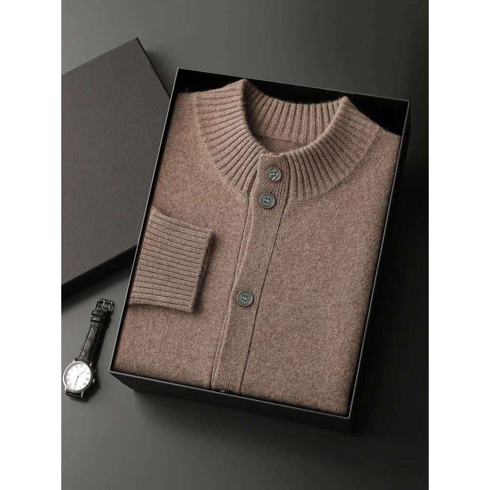 High Quality Men 100% Sweater Autumn Winter Thick Buttons Cardigan Mock-Neck Smart Casual Coat Warm Cashmere Knitwear