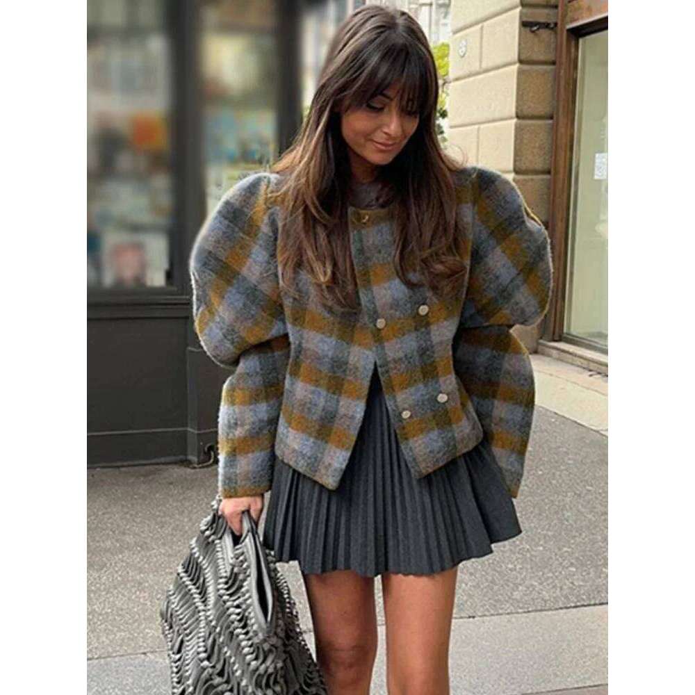 Plaid Round Neck Women Short Jacket Elegant Oversize Full Sleeves Double Breasted Coat New Fall Winter Commute Outcoat Top