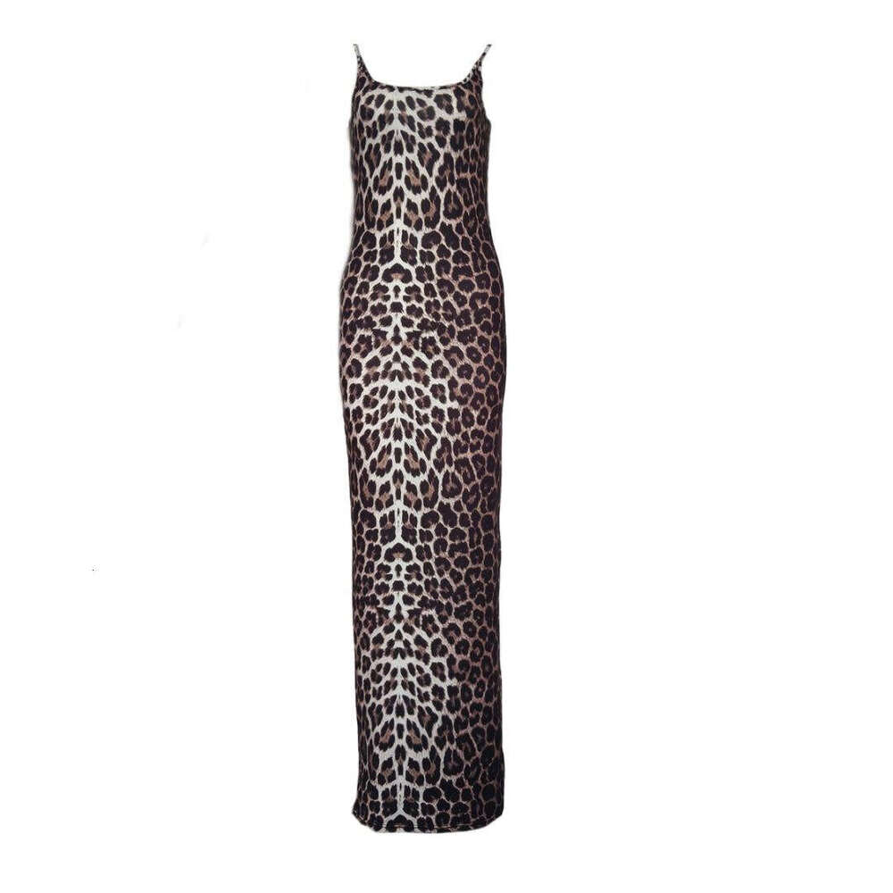 New Autumn Winter Women's Fashion U-Neck Strap Sexy Backless Leopard Print Dress B5