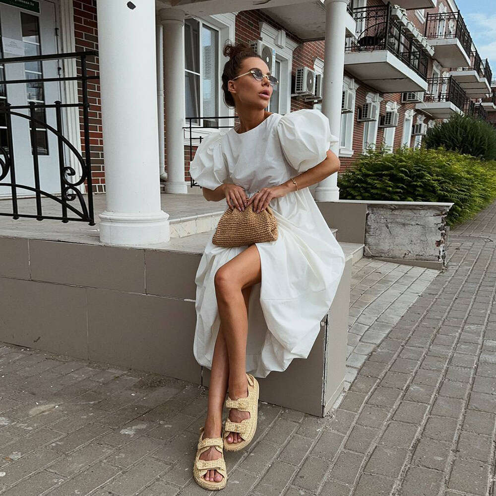 100% Cotton Round Neck Puff Sleeve Spring Summer New Solid Color Loose Casual Dress For Women B5