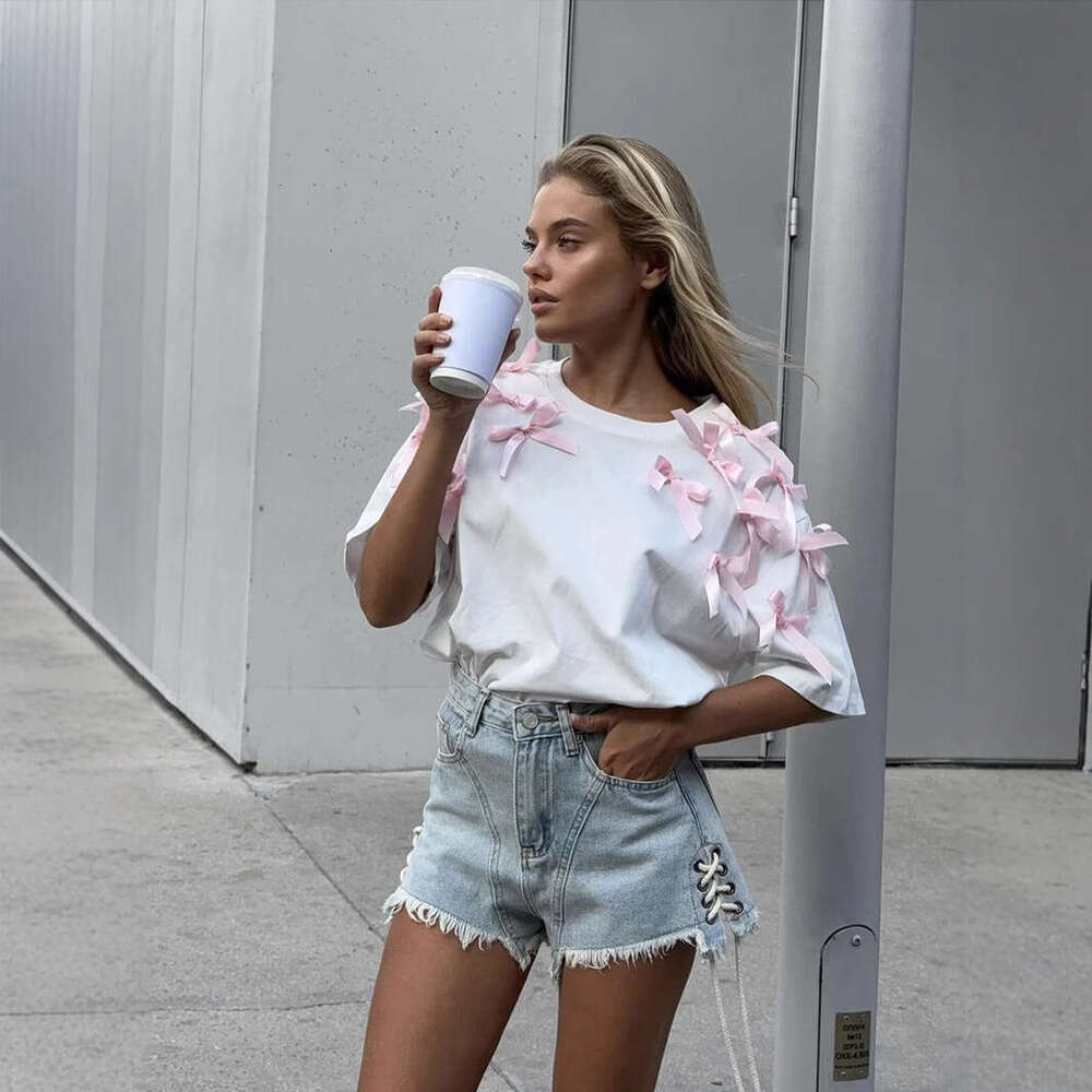 Cute Girl Ribbon Bow Short Sleeve T-Shirt Ins Style Loose Cotton Casual Top B5