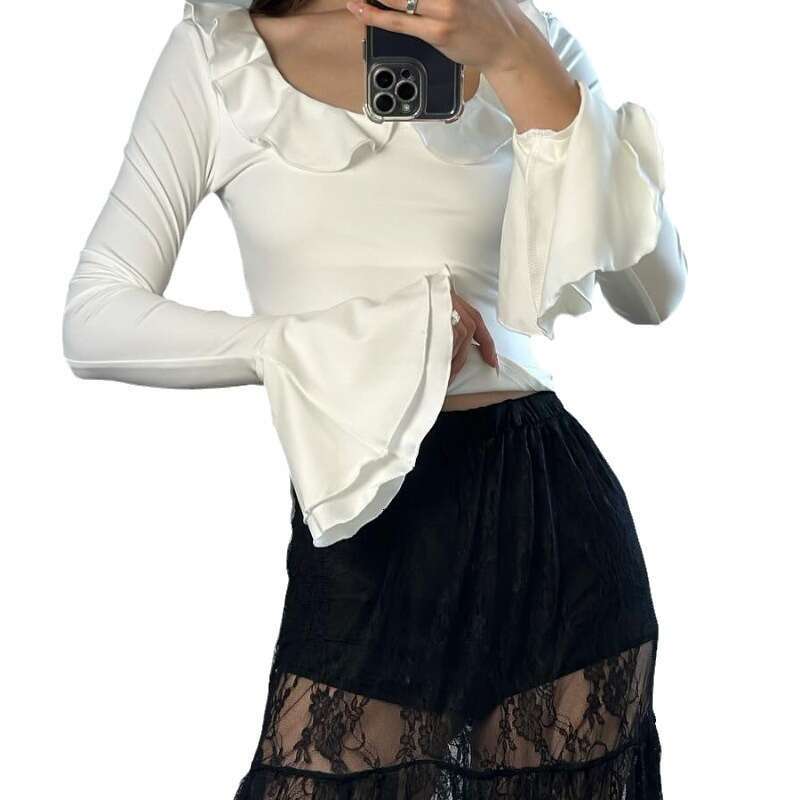 Summer New Women's Clothing Ruffled Round Neck Flared Sleeve Hot Girl Top B5