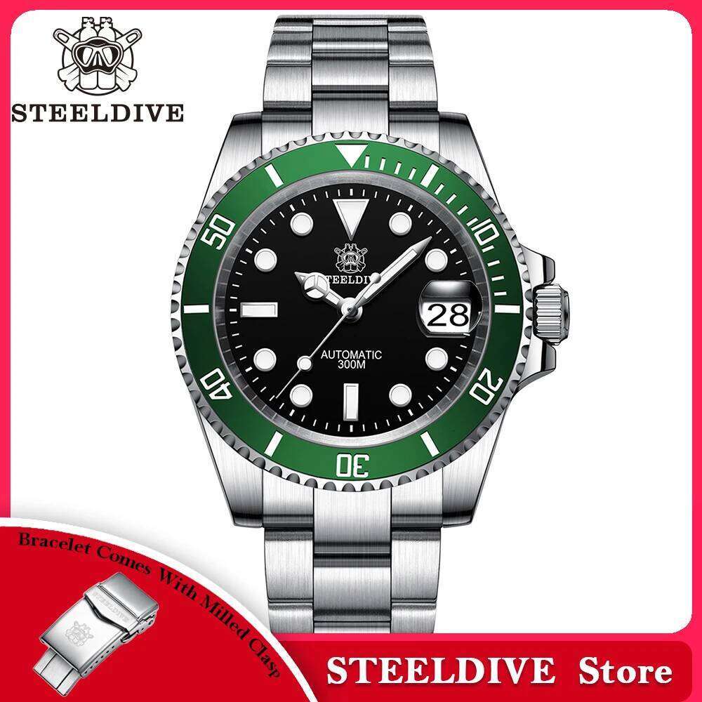 STEELDIVE SD1953 Black Dial Green Ceramic Bezel NH35 Automatic Watch 300M Waterproof Sapphire Glass Men Dive Watches free shipping