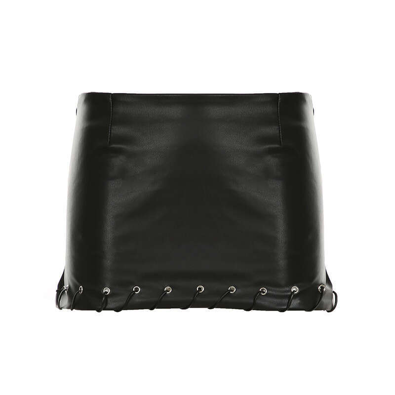 Punk Style Leather Sexy Hollow Out Halter Eyelet Lace-Up Vest Skirt Two-Piece Set For Women B5 g5