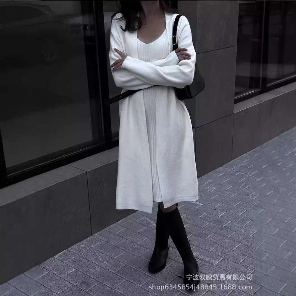 New Solid Color V-Neck Pullover Dress + Sweater Cardigan Elegant Knitted Set B5