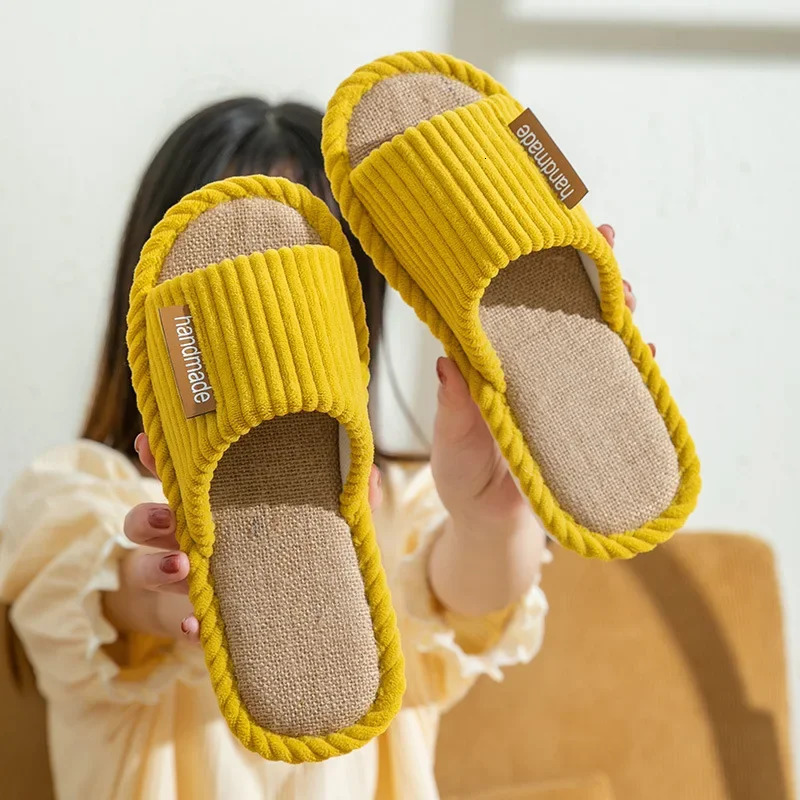 Striped Slippers Women Autumn Home Linen Flip Flops Couples Indoor House Non Slip Sandals Guest Shoes Male Flat Flax Sneaker 250717