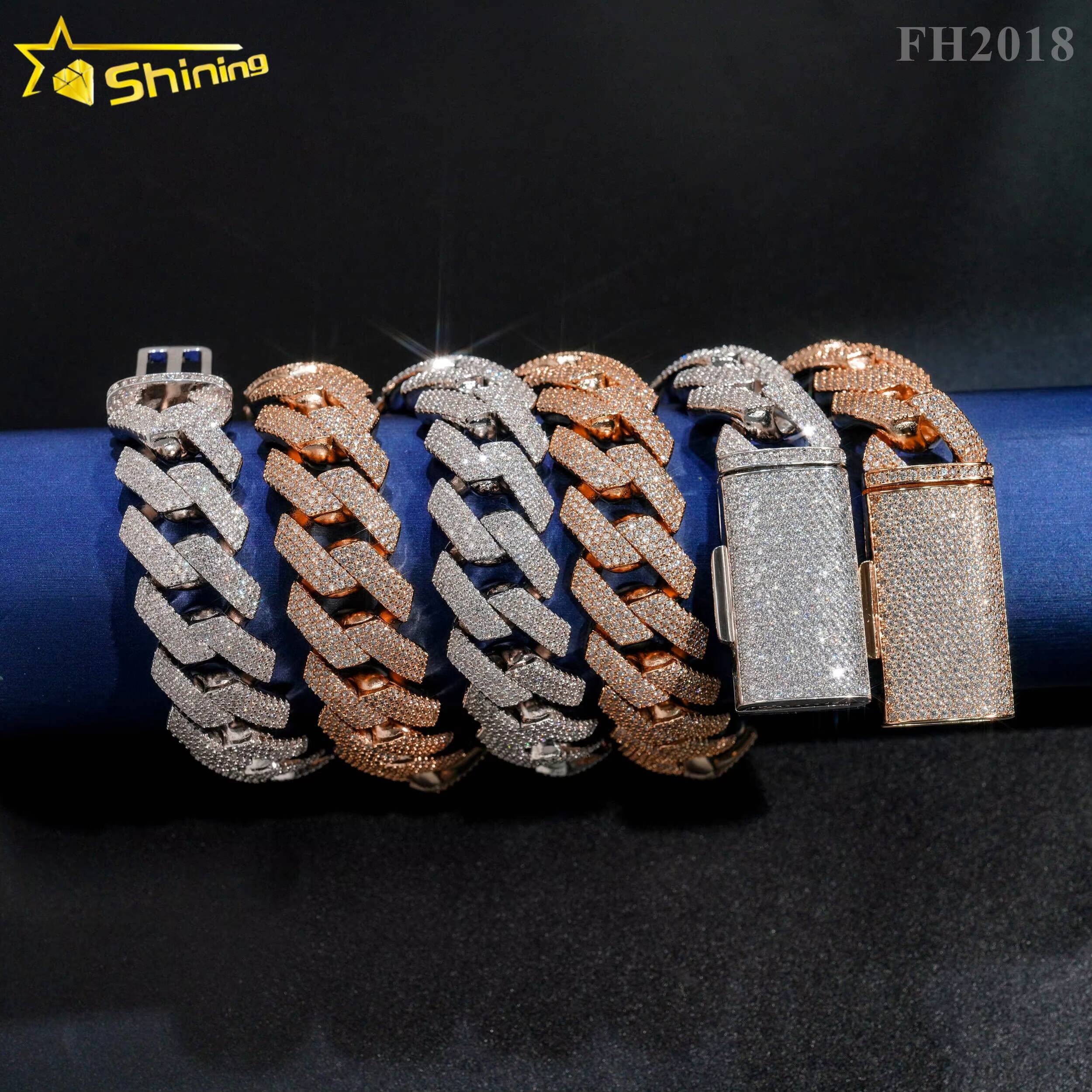 Wholesale Price 15MM 18MM 20MM 4Rows Iced Out S925 Sterling Silver Micro Pave Vvs Diamond Moissanite Cuban Link Chain