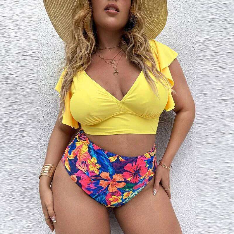 Plus Ruffle Sleeves High Waist Bikini Women's V Neck Push Up Large Swimsuit 2025 Mujer Big Size Tummy Control Swimwear