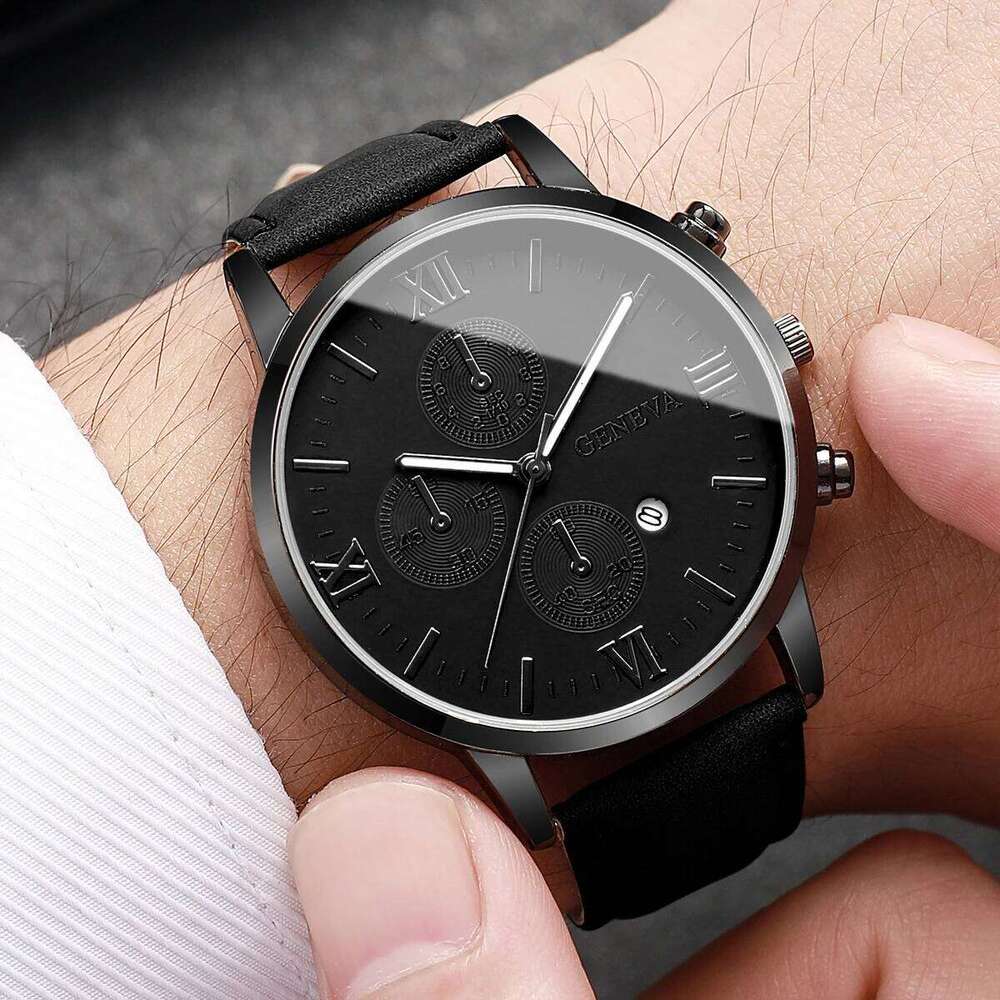 free shipping 1/2PCs Casual Calendar Fashionable Men's Temperament Leather Quartz Unisex Watch Set(Box Not Included) free shipping