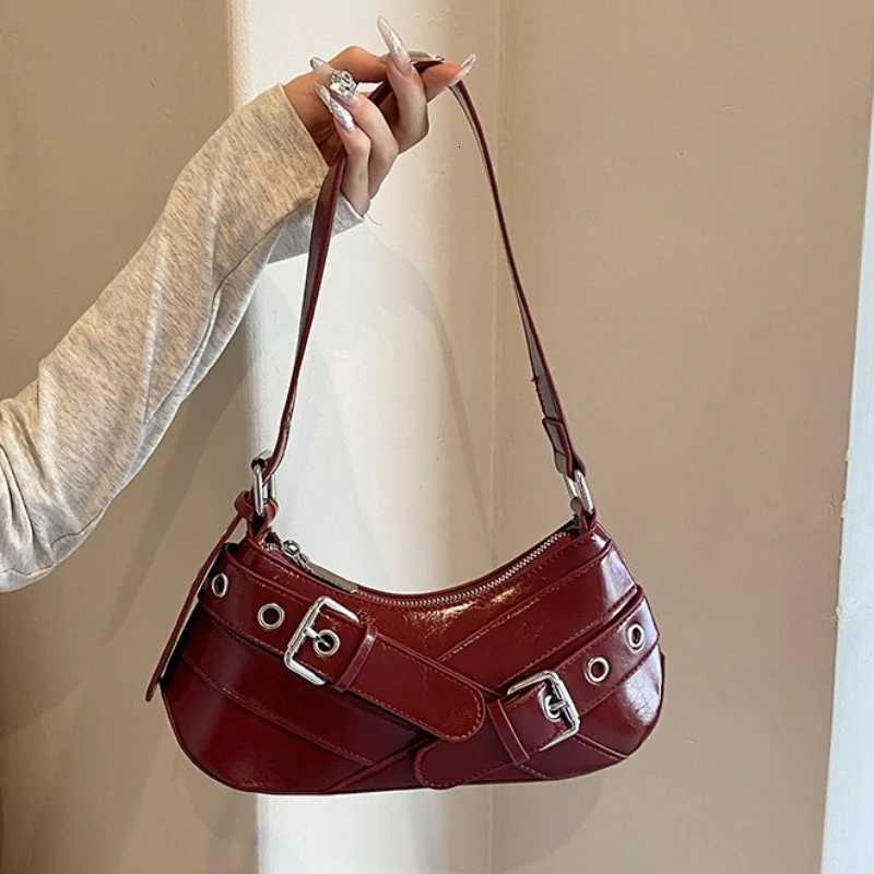 Red Vintage Shoulder Bag Y2K Belt Design PU Leather Underarm Bags for Women Trend Hot Cool Girl Crossbody Bag Punk Style Handbag R250717